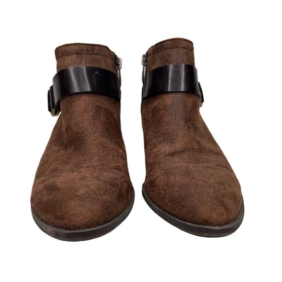 Franco Sarto Brown Faux Leather Ankle Boot Side Zip Stack Heel Bootie Size 7.5 - Picture 4 of 10